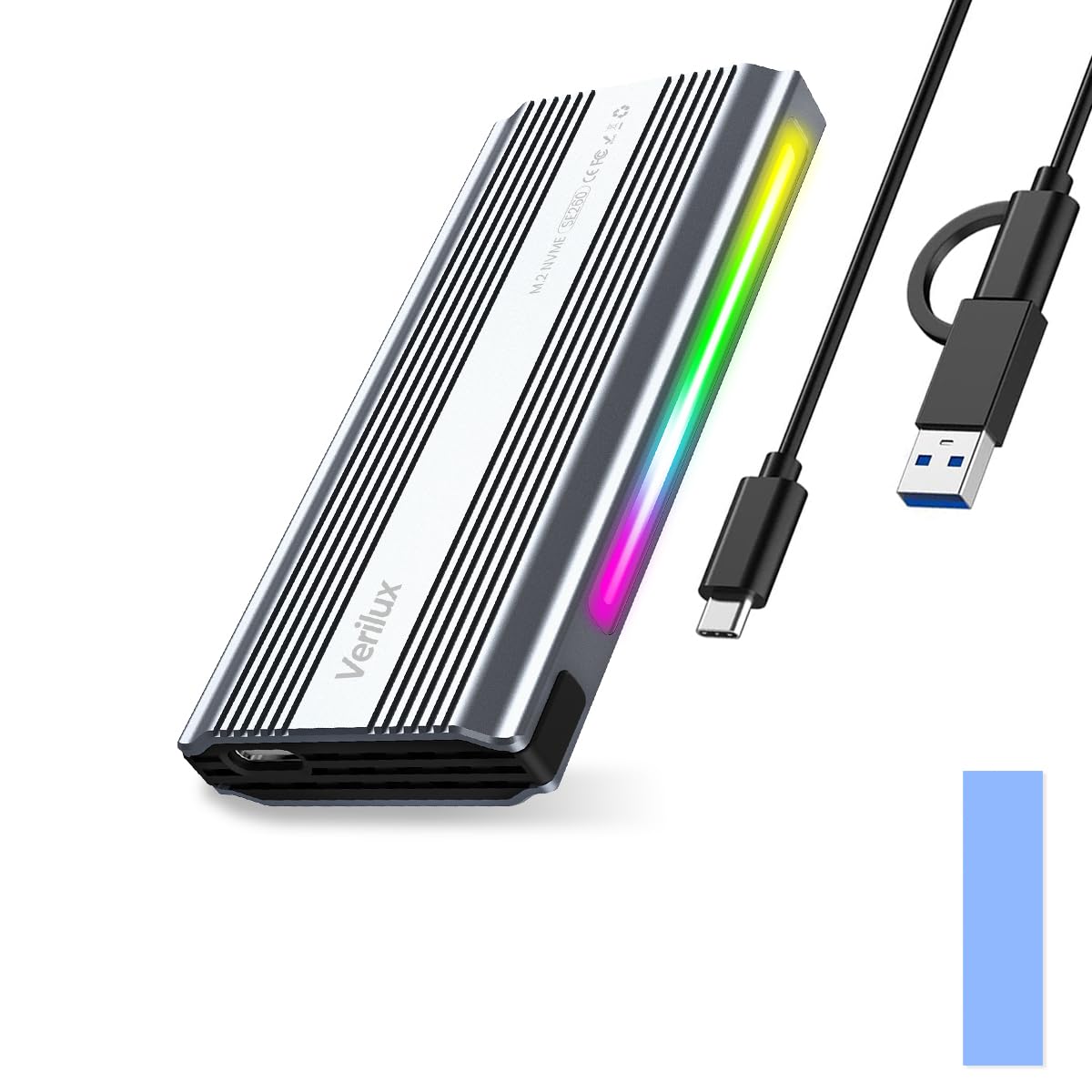 Verilux RGB M.2 NVMe SSD Enclosure, USB-C 3.1 Gen 2 10Gbps, Aluminum SSD Case, UASP & Trim Support, for 2230-2280 Sizes, Plug & Play for Laptop/PS4/Smartphone, Up to 2TB - No SSD Included Verilux RGB M.2 NVMe SSD Enclosure, USB-C 3.1 Gen 2 10Gbps, Aluminum SSD Case, UASP & Trim Support, for 2230-2280 Sizes, Plug & Play for Laptop/PS4/Smartphone, Up to 2TB - No SSD Included